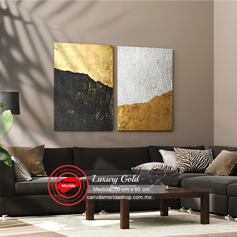 Composición abstracta con texturas contrastantes y capas de oro, negro y blanco