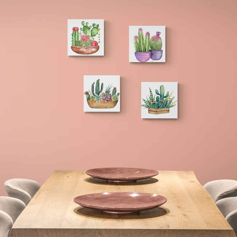 Cuadros minimalistas con macetas de cactus y suculentas en tonos verdes, rosa y morado sobre fondo blanco