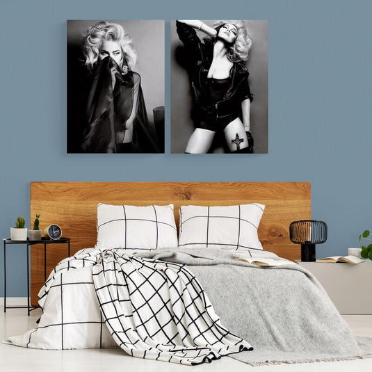Díptico en blanco y negro de Madonna con estética de glamour oscuro