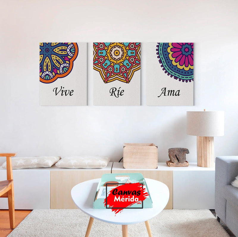 Set de cuadros minimalistas blancos con mandalas coloridos y palabras inspiradoras: 'Vive', 'Ríe' y 'Ama'