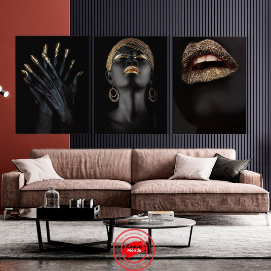 Set de cuadros minimalistas en fondo negro: manos negras con dedos dorados, rostro de mujer de color con detalles dorados y barbilla con labios dorados resaltando dientes blancos