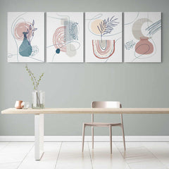 Cuatro cuadros decorativos minimalistas con elementos botánicos y formas geométricas en colores pastel