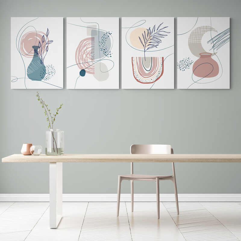 Cuatro cuadros decorativos minimalistas con elementos botánicos y formas geométricas en colores pastel