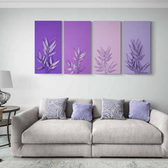 Cuatro paneles de arte monocromático con hojas en gradientes de púrpura