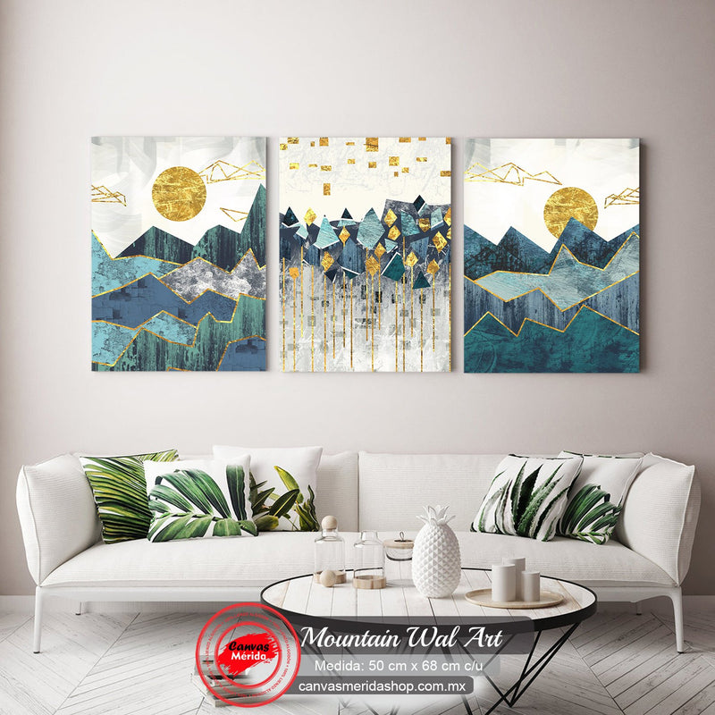 Tríptico artístico de montañas estilizadas con detalles en lámina dorada y paleta de azules y turquesas