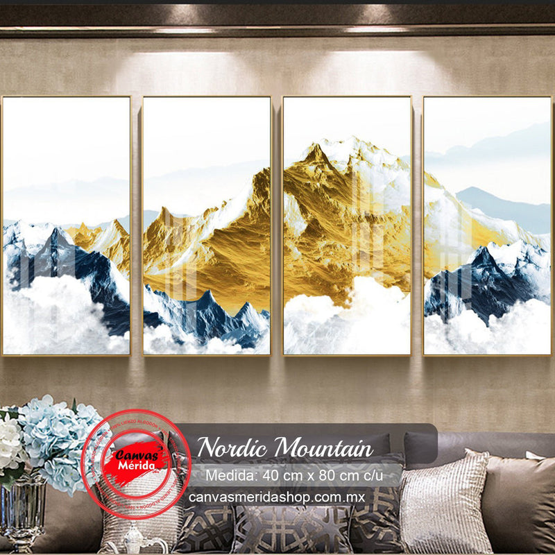 Conjunto de Cuadros Decorativos: Montañas Doradas y Nubes en Marco Dorado sobre Fondo Blanco