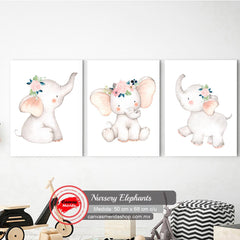 Conjunto de Cuadros Decorativos: Elefantes Bebés Sentados en Tonos Pastel y Delicadas Flores