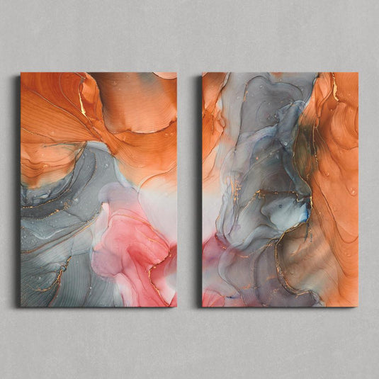Cuadro díptico abstracto moderno con efecto mármol naranja y gris