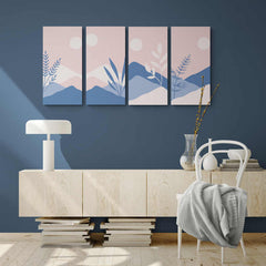 Set de cuadros minimalistas con montañas azules, fondo rosado y siluetas vegetales