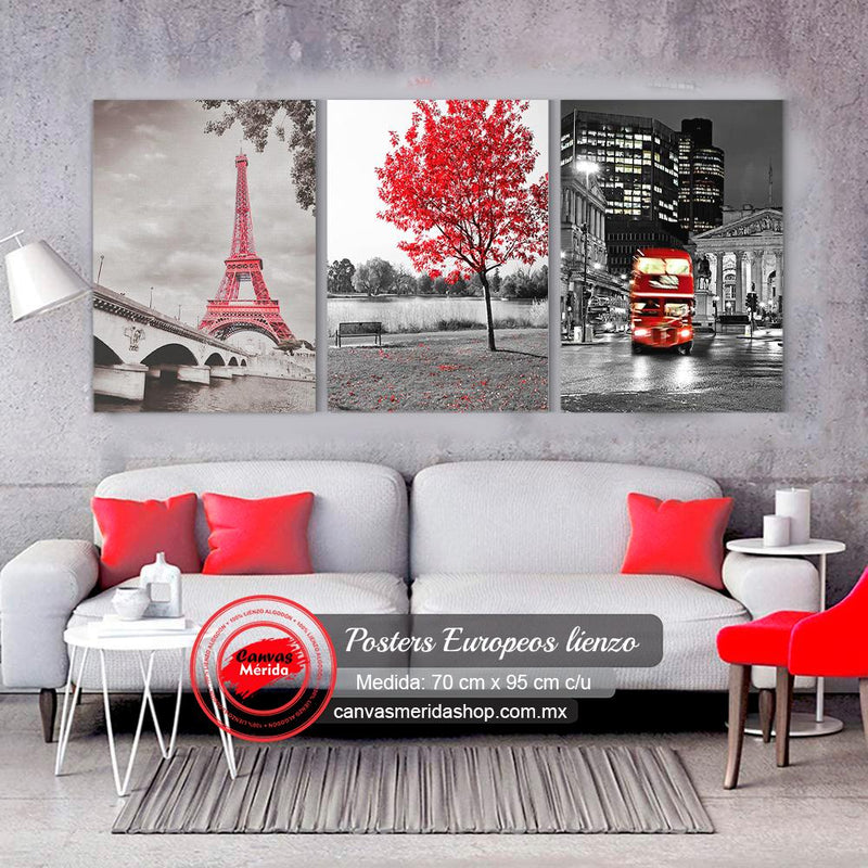 Set_de_tres_cuadros_decorativos_París_con_Torre_Eiffel_roja, árbol_con_hojas_rojas_y_calles_de_París_con_autobús_rojo_resaltado_en_fondo_blanco_y_negro