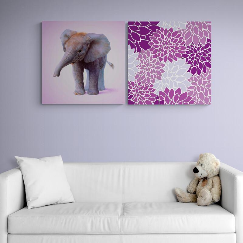 Set de cuadros decorativos: elefante bebé en fondo lila claro y diseño floral de suculentas en tonos rosa, fucsia, morado y gris
