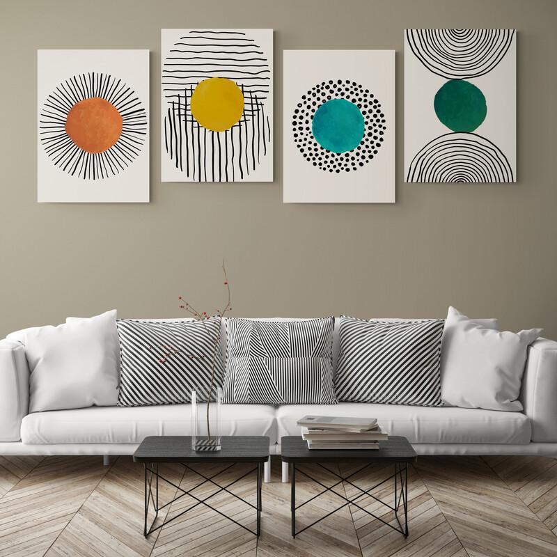 Set de cuadros decorativos sobre fondo blanco: círculo naranja con líneas negras, círculo amarillo con líneas negras, círculo esmeralda con borde de puntos negros y círculo verde con semicírculos negros.