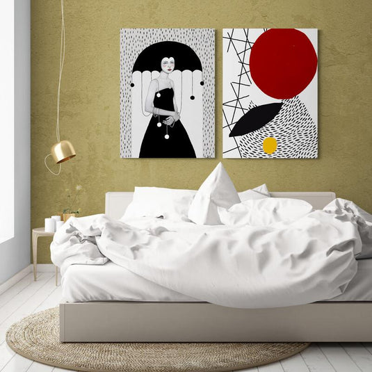 Set de cuadros decorativos: Mujer en vestido negro con paraguas bajo lluvia estilizada y diseño minimalista con líneas negras, círculo rojo y amarillo sobre fondo blanco