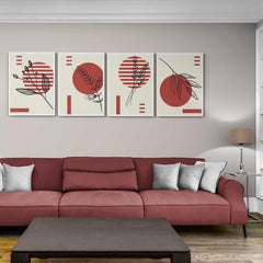 Conjunto de cuatro paneles decorativos con ilustraciones botánicas lineales y formas geométricas en rojo y beige