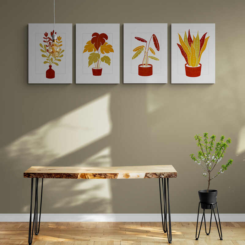 Conjunto de cuatro cuadros decorativos con plantas estilizadas en macetas rojas sobre fondo neutro