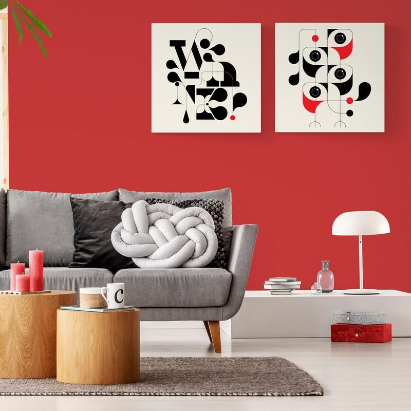 Set de cuadros minimalistas con fondo claro, destacando formas geométricas en tonos negros y rojo