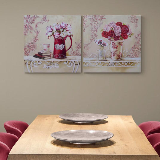 Díptico decorativo de naturaleza muerta con tulipanes y rosas en estilo vintage