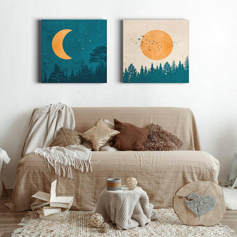 Set de Cuadros Decorativos: Noche Esmeralda con Media Luna Amarilla y Día Beige con Sol Radiante y Árboles Verdes