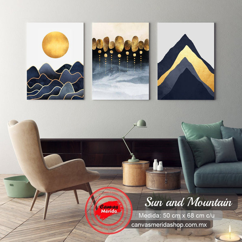 Tríptico Decorativo: Océano Diurno, Árboles Crepusculares y Montañas Majestuosas