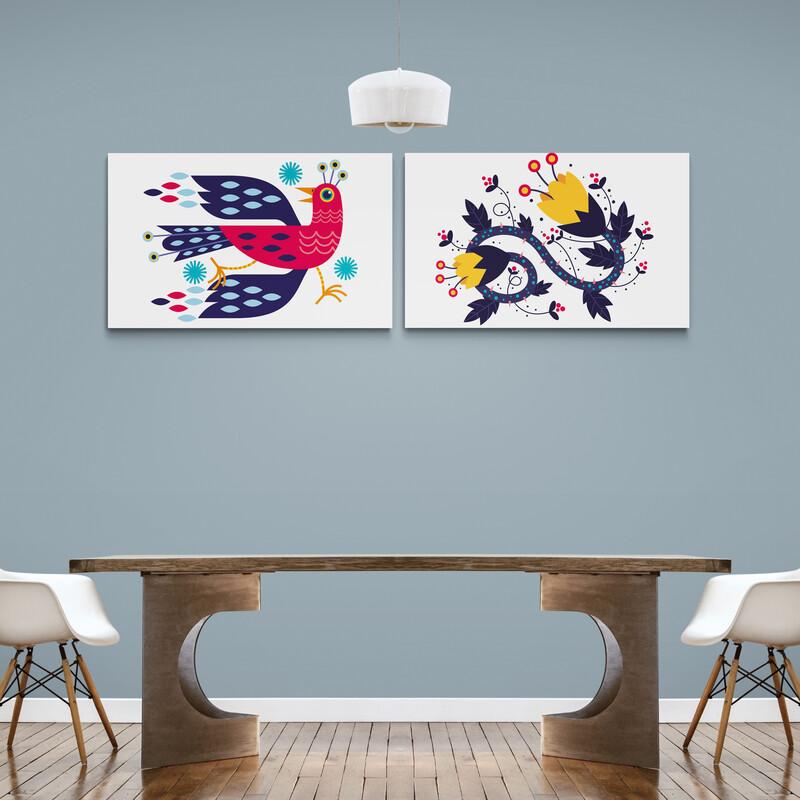 Set de cuadros blancos: pájaro estilizado con figuras geométricas fucsia y azules; flores amarillas con raíces azules