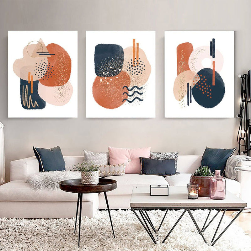 Set de cuadros minimalistas en blanco con tonalidades de naranja, rosa palo y azul oscuro en variadas composiciones
