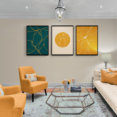 Colección de cuadros abstractos con diseños inspirados en ramificaciones doradas sobre fondos de colores tierra y contrastantes
