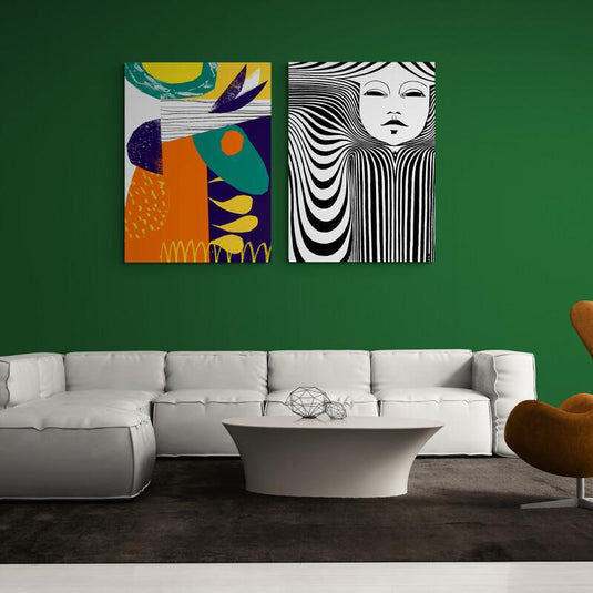Díptico decorativo abstracto geométrico colorido y figura femenina con líneas ondulantes
