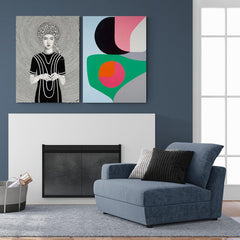 Set de cuadros: diseño hipnótico blanco y negro con mujer central vestida en contraste, y composición vibrante en rosa, verde, azul, negro y rojo-fucsia