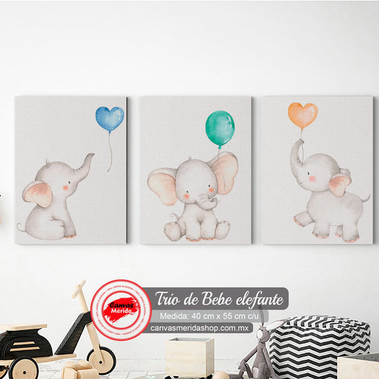 Trío de bebé elefante con globos de colores