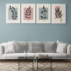 Set de cuadros con marialuisa blanca, fondos beige y rectángulos en tonos pastel con detalles de ramas y hojas sutiles