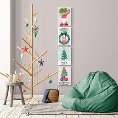 Conjunto vertical de pixarts de Navidad con Santa, reno, árbol de Navidad y coche con regalos