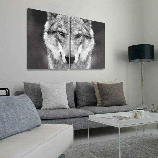Díptico decorativo en blanco y negro con retrato frontal de lobo – arte animal imponente y simbólico ideal para espacios modernos, rústicos o de carácter fuerte