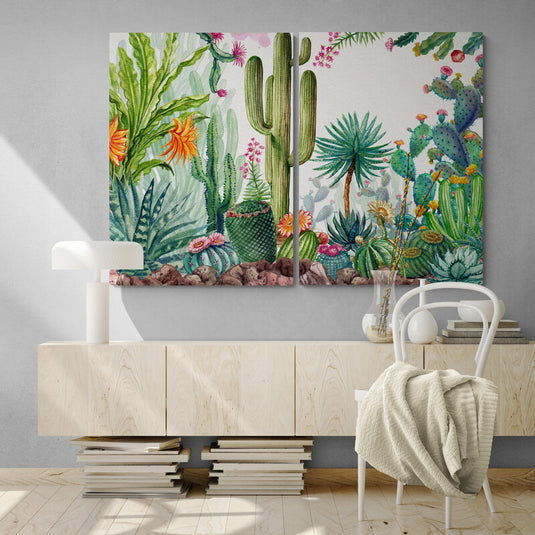 Jardín desértico de cactus y suculentas en acuarela
