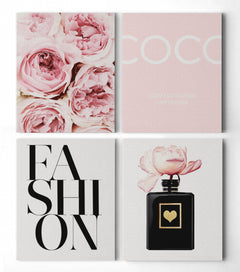 ALT: "Colección de cuadros decorativos: Peonías rosas, cita 'COCO: I DON'T DO FASHION I AM FASHION' en fondo rosa, palabra 'FASHION' en tono claro, y diseño de perfume negro con detalles en dorado y flor rosa