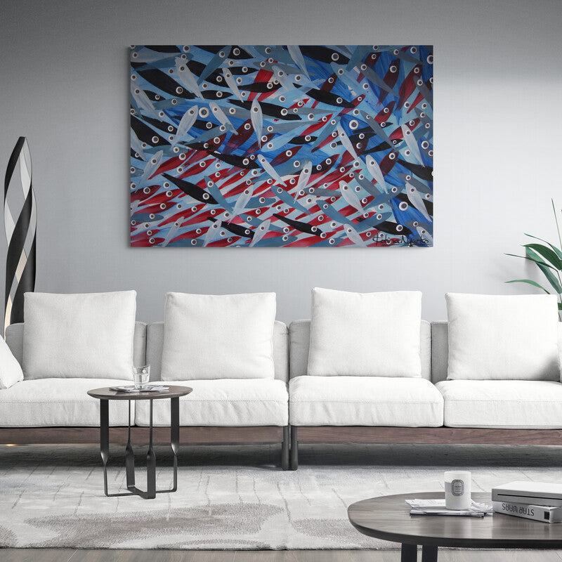 Obra de arte abstracta con ojos entrelazados en tonos azules y rojos