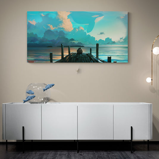 Pintura de una persona en un muelle con ballenas en el cielo al atardecer