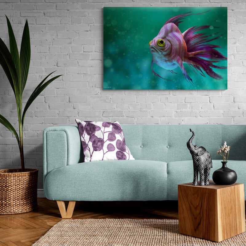 Pintura realista de un pez tropical de colores púrpura y rosa en aguas profundas