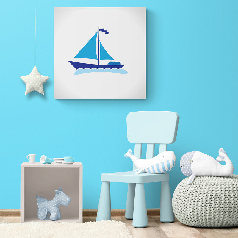 Barco minimalista en azul sobre ondas estilizadas