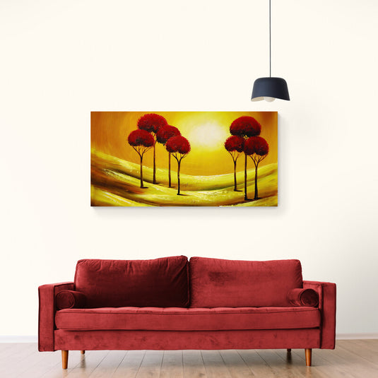 Cuadro_Decorativo_Fondo_Amarillo_Arboles_Grandes_Altos_Rojos