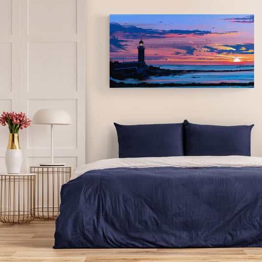 Pintura impresionista de un faro al atardecer con cielo colorido