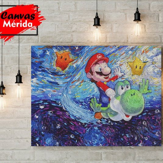 Cuadro de Mario y Yoshi en estilo La Noche Estrellada.