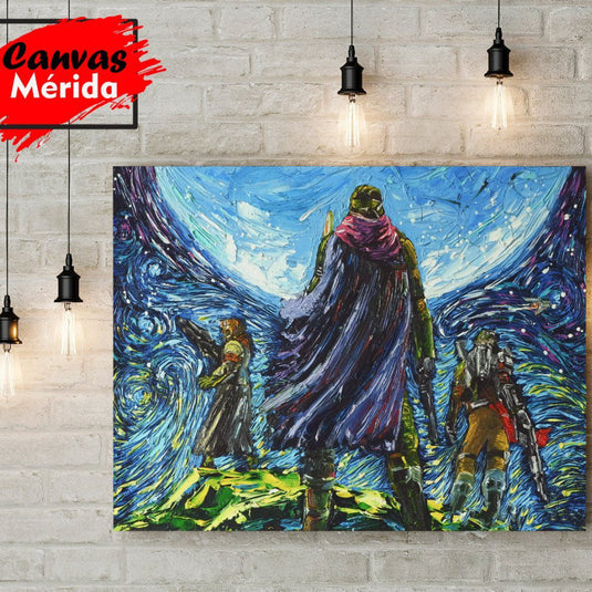 Cuadro de héroes de ciencia ficción con fondo estrellado en estilo expresionista.