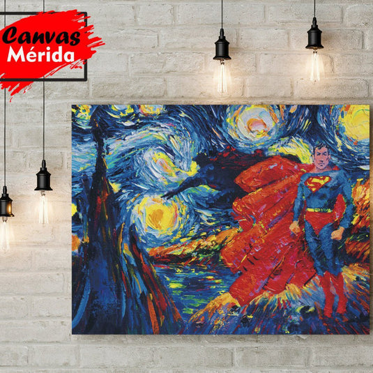 Cuadro de Superman en estilo La Noche Estrellada de Van Gogh.