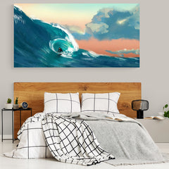 Pintura de un surfista en una ola grande al atardecer"
