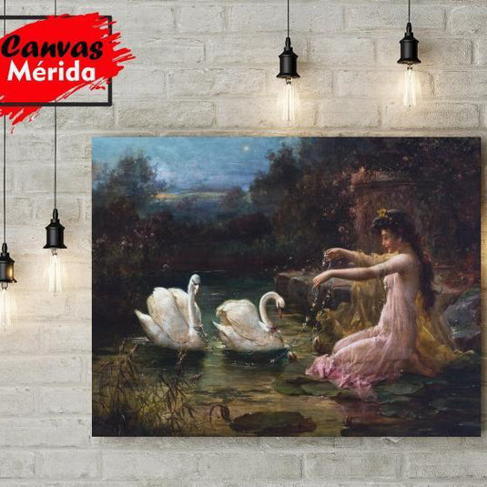 Cuadro decorativo de mujer en vestido rosa junto a cisnes blancos en lago, reflejando serenidad y conexión con la naturaleza.