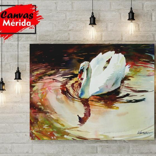 Cuadro decorativo de lago en tonos cafés, amarillos y rosas con cisne blanco destacando entre matices verdes.