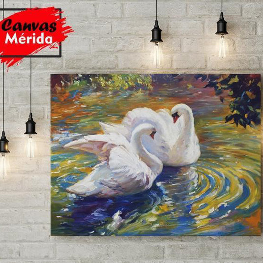 Pintura decorativa de lago en tonos verdes y azules con dos cisnes blancos destacados.