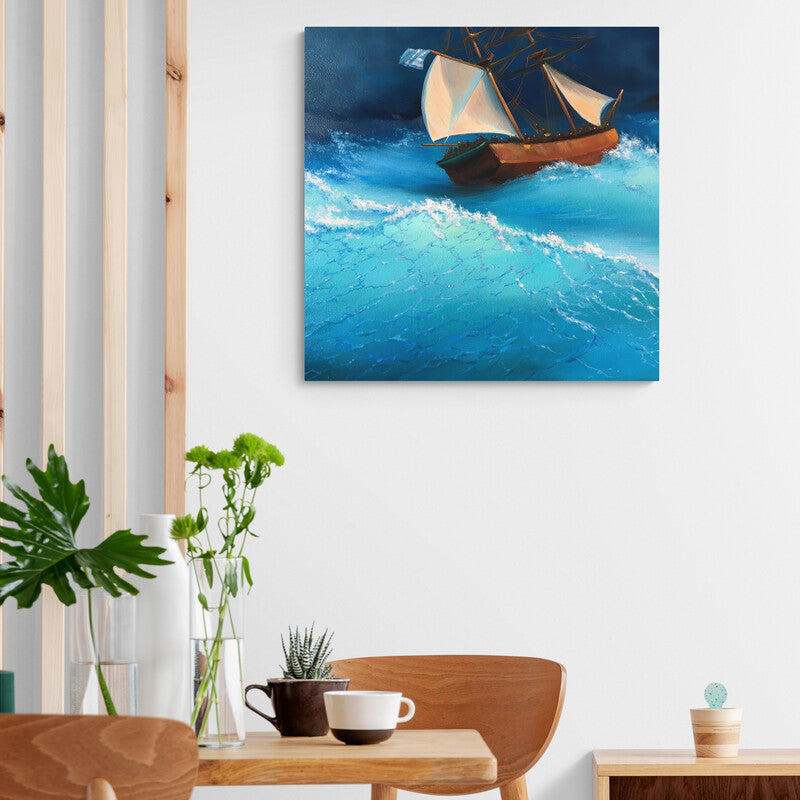 Pintura al óleo de un barco de vela en un mar azul bajo un cielo crepuscular