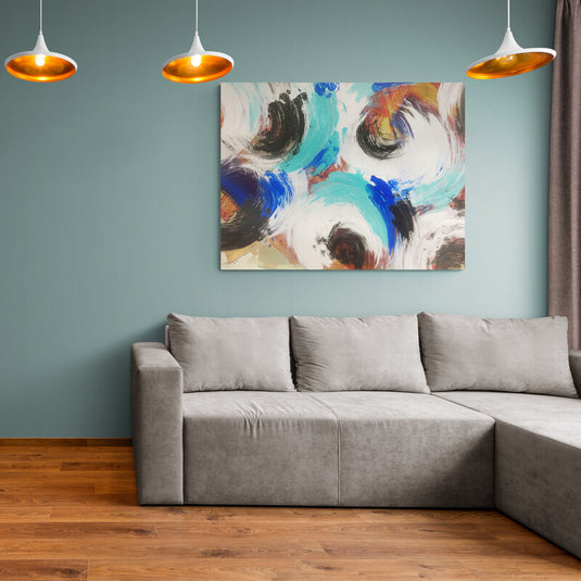 Cuadro abstracto moderno con espirales de colores vibrantes, ideal para decoración de interiores contemporáneos.