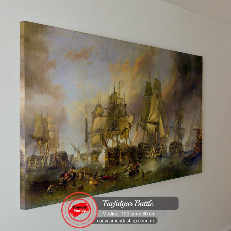 Pintura clásica de barcos de vela en una batalla naval con humo y cielo nublado